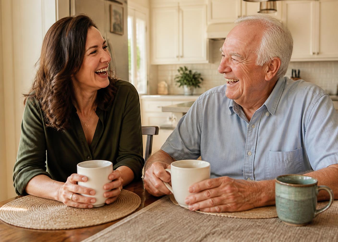 An adult daughter and her father talking over coffee at the kitchen table