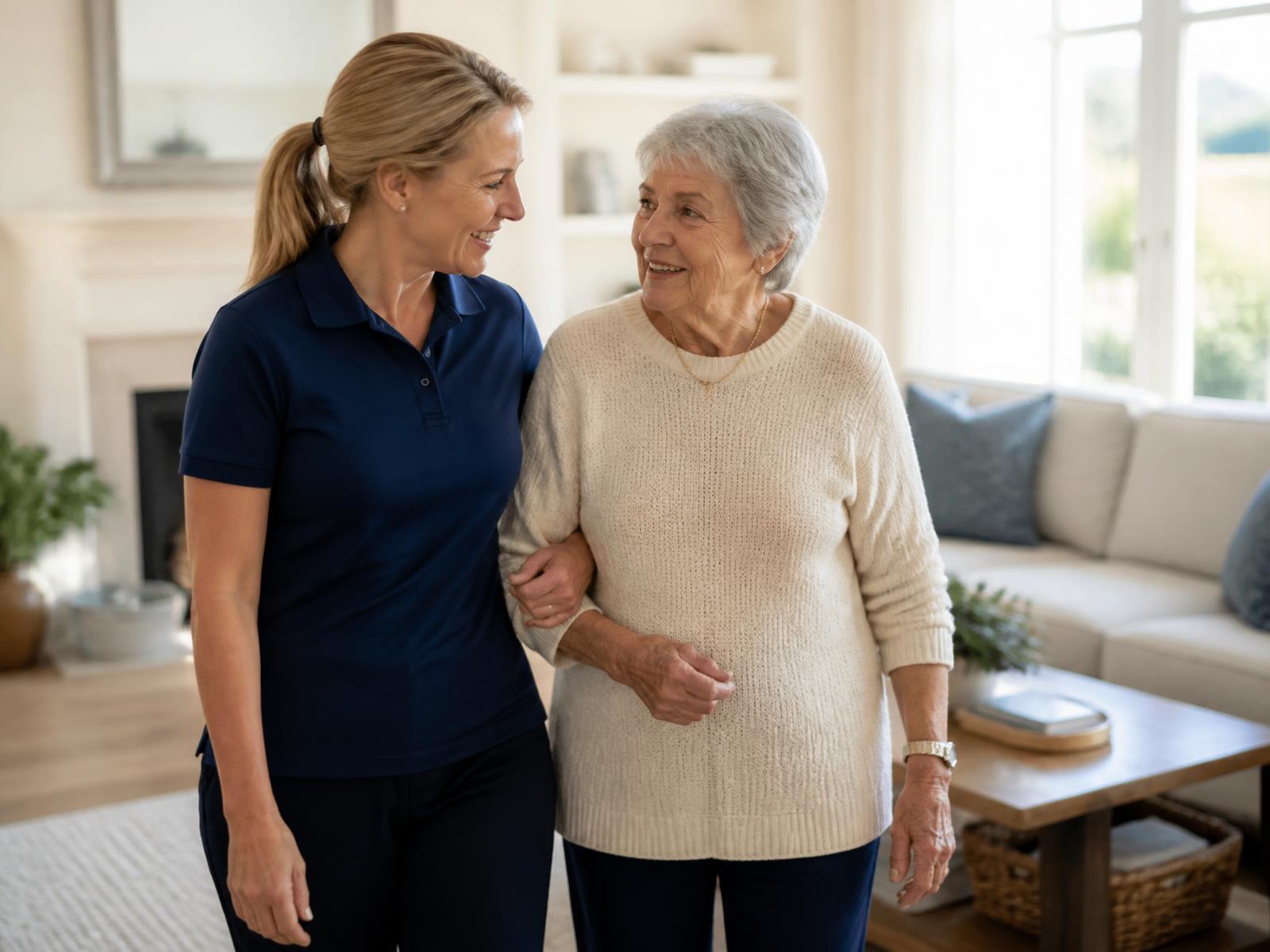 A caregiver walking beside an older woman in the living room of her home