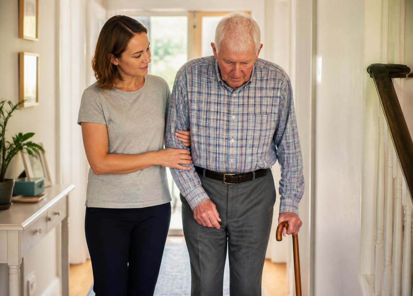 A caregiver steadying an older man's arm as he walks with a cane at home